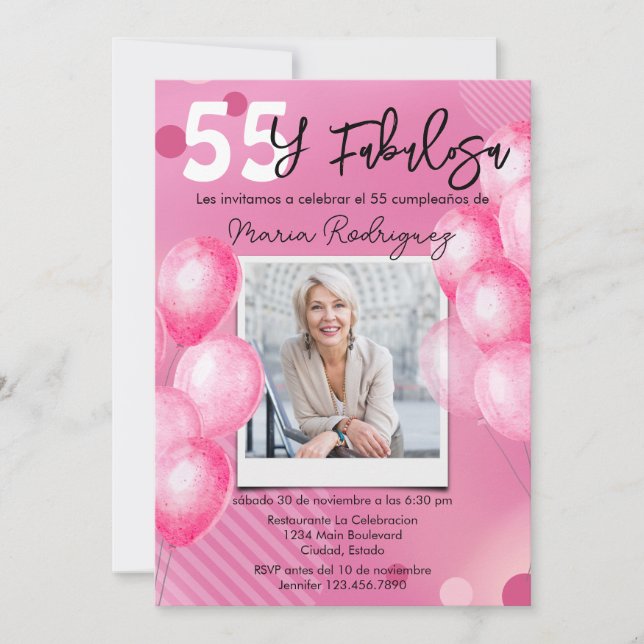 55 y Fabulosa Pink Photo Spanish 55th Birthday Invitation (Front)