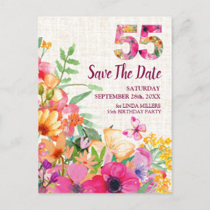 55 Years Flowers Floral Linen 55th Birthday Announcement Postcard