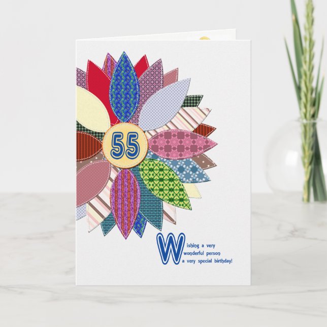 55 years old, stitched flower birthday card (Front)