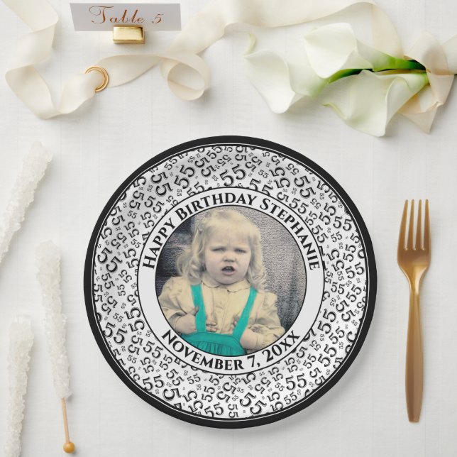 55 Your Photo Random Number Pattern Black/White Paper Plate (Wedding)