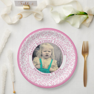 55 Your Photo Random Number Pattern Pink/White Paper Plate