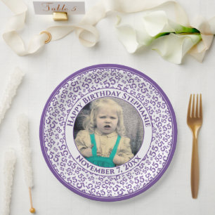 55 Your Photo Random Number Pattern Purple/White Paper Plate