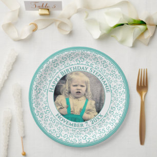 55 Your Photo Random Number Pattern Teal/White Paper Plate