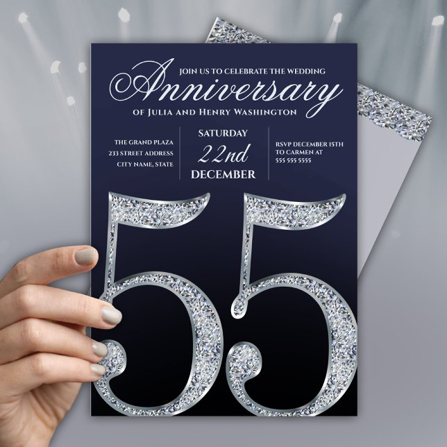 55th Anniversary Diamond Silver Navy Blue Modern Invitation (Creator Uploaded)