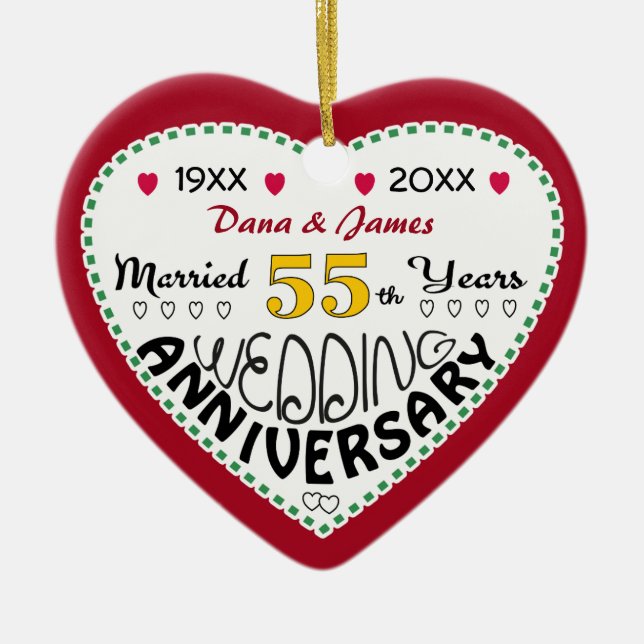 55th Anniversary gift heart shaped Christmas Ceramic Tree Decoration (Front)
