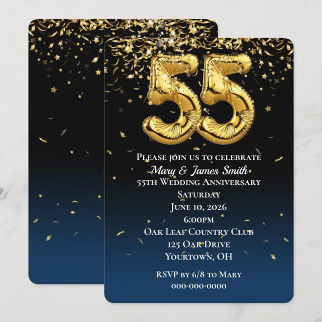 55th Anniversary Gold Balloons & Confetti Invitation (Front/Back)