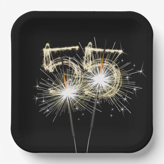 55th Anniversary Party Sparklers on Black  Paper Plate (Front)