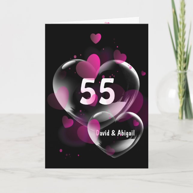 55th Anniversary Pink Heart Bubbles on Black Card (Front)