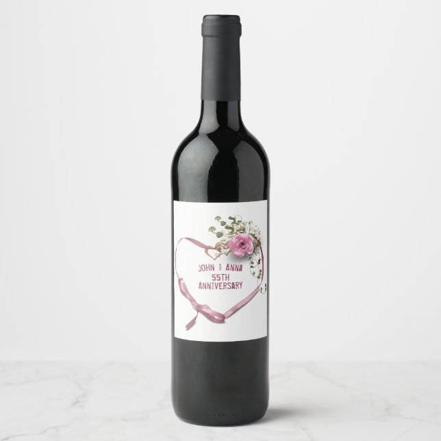 55th Anniversary Pink Heart Ribbon Wine Label (Front)