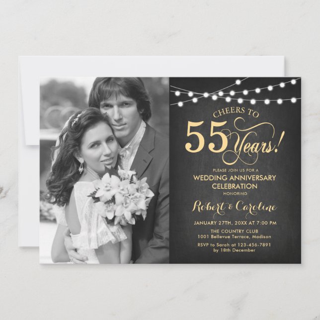 55th Anniversary with Photo - Black and Gold Invitation (Front)