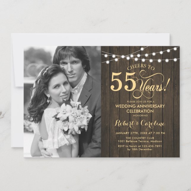 55th Anniversary with Photo - Rustic Wood Gold Invitation (Front)