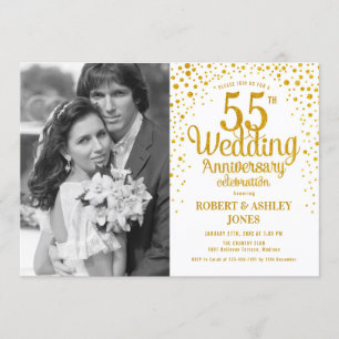 55th Anniversary with Photo - White Gold Invitation