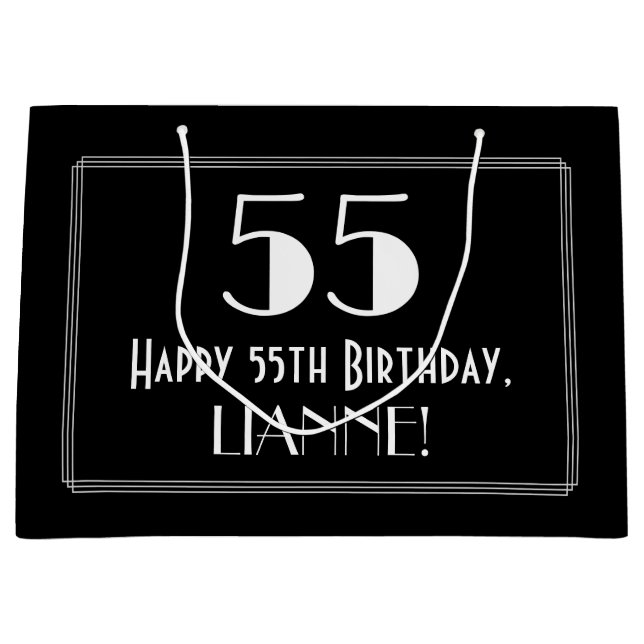 55th Birthday: Art Deco Inspired Style "55", Name Large Gift Bag (Front)