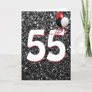 55th Birthday Balloons on Black Glitter Card