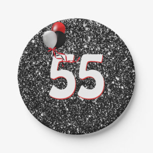 55th Birthday Balloons on Black Glitter Paper Plate
