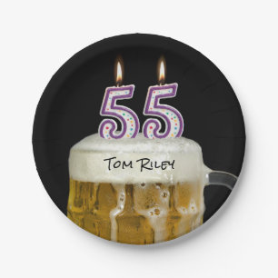 55th birthday beer with candle paper plate