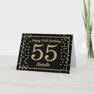 55th Birthday Black and Gold Glitter Confetti Card