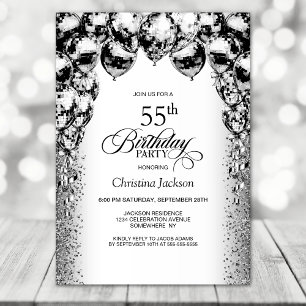 55th Birthday Black and White Balloons Party Invitation