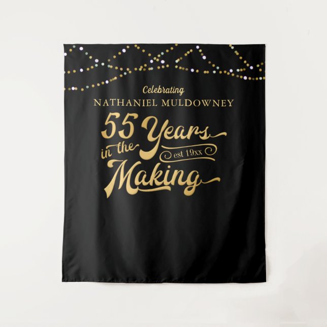 55th Birthday Black Gold Photo Op Backdrop Tapestry (Front)