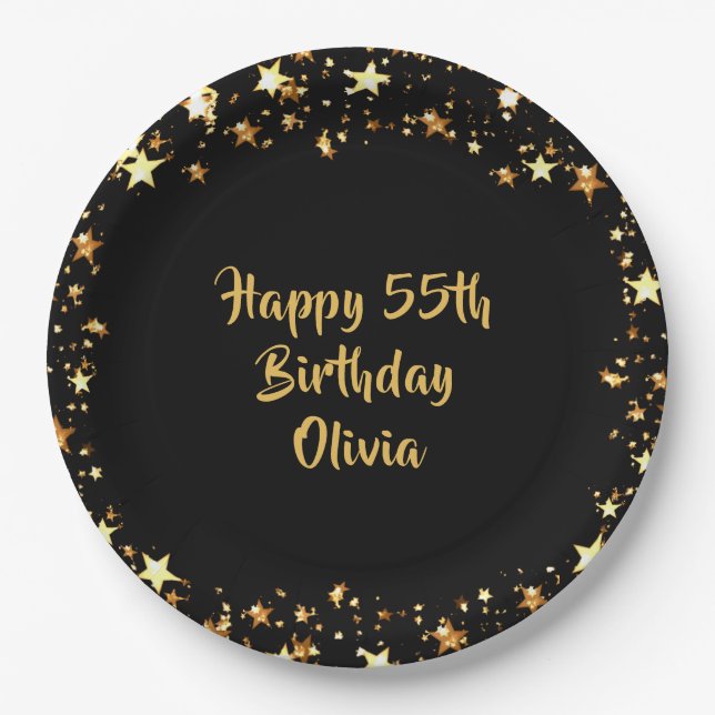 55th Birthday Black Gold Stars Name Paper Plate (Front)