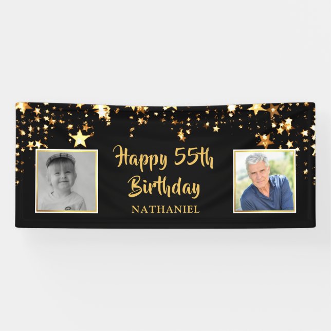 55th Birthday Black Gold Stars Photos Personalised Banner (Horizontal)