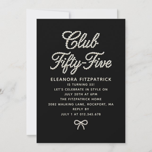 55th Birthday Black White Pearl Script Bow Invitation (Front)