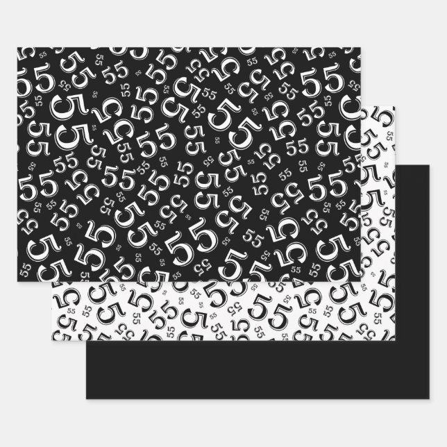 55th Birthday Black/White Random Number Pattern 55 Wrapping Paper Sheet (Set)