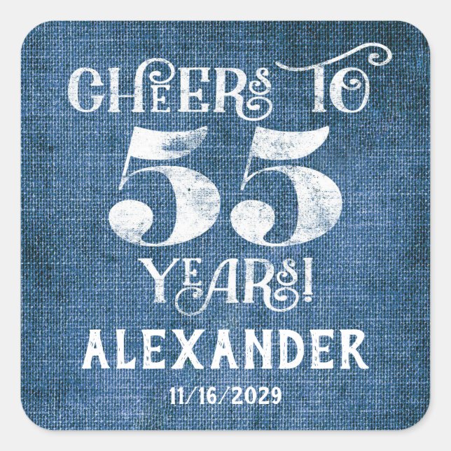 55th Birthday Blue Linen Thank You Favour Stickers (Front)