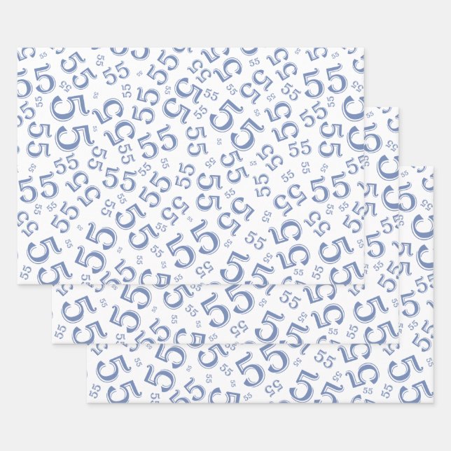 55th Birthday Blue/White Random Number Pattern 55 Wrapping Paper Sheet (Set)