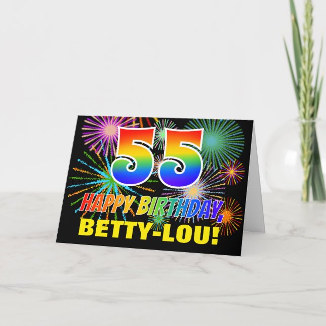 55th Birthday: Bold, Fun, Fireworks, Rainbow 55 Card (Front)