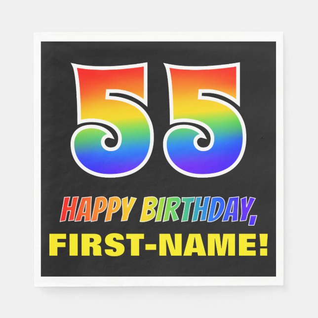 55th Birthday: Bold, Fun, Simple, Rainbow 55 Napkin (Front)
