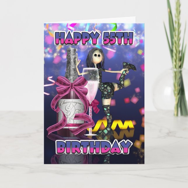 55th Birthday Card - Champagne Rag Doll (Front)