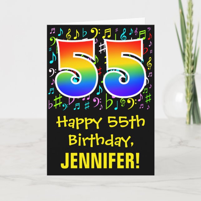 55th Birthday: Colorful Music Symbols + Rainbow 55 Card (Front)