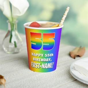 55th Birthday: Colourful, Fun Rainbow Pattern # 55 Paper Cups