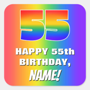 55th Birthday: Colourful, Fun Rainbow Pattern # 55 Square Sticker