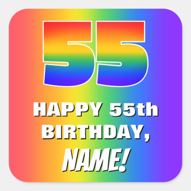 55th Birthday: Colourful, Fun Rainbow Pattern # 55 Square Sticker (Front)