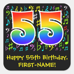 55th Birthday: Colourful Music Symbols, Rainbow 55 Square Sticker