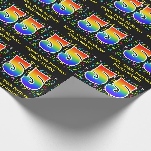 55th Birthday: Colourful Music Symbols, Rainbow 55 Wrapping Paper (Corner)
