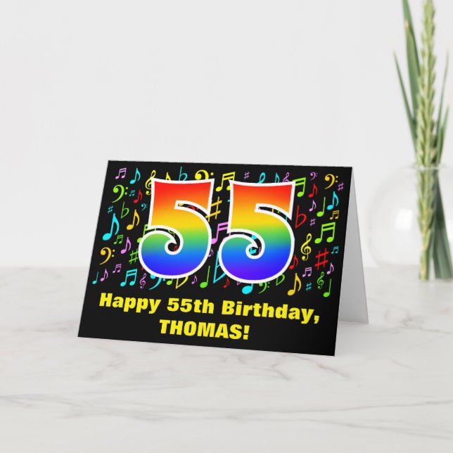 55th Birthday: Colourful Music Symbols & Rainbow 5 Card (Front)