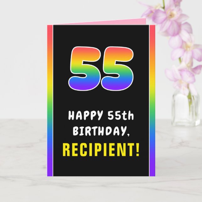 55th Birthday: Colourful Rainbow # 55, Custom Name Card (Orchid)