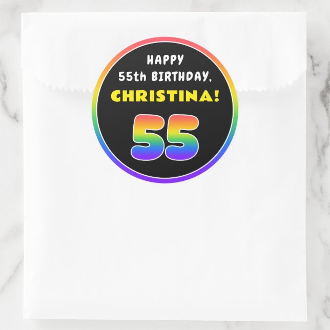 55th Birthday: Colourful Rainbow # 55, Custom Name Classic Round Sticker (Bag)