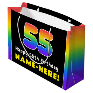55th Birthday: Colourful Rainbow # 55, Custom Name Large Gift Bag
