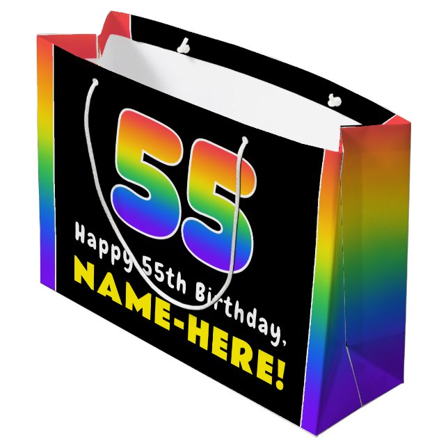 55th Birthday: Colourful Rainbow # 55, Custom Name Large Gift Bag (Back Angled)