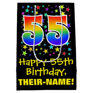 55th Birthday: Colourful Stars Pattern & Rainbow 5 Medium Gift Bag