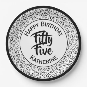 55th Birthday Cool Number Pattern Black/White Paper Plate