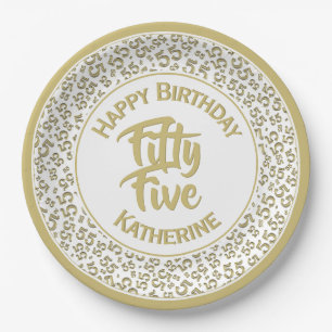 55th Birthday Cool Number Pattern Gold/White Paper Plate