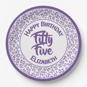 55th Birthday Cool  Number Pattern Purple/White Paper Plate