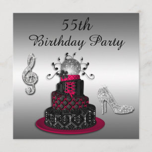 55th Birthday Disco Diva Cake and Sparkle Heels Invitation