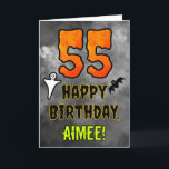 55th Birthday: Eerie Halloween Theme   Custom Name Card<br><div class="desc">The front of this spooky and scary Halloween themed birthday greeting card design features a large number “55” and the message “HAPPY BIRTHDAY, ”, plus a customisable name. There are also depictions of a bat and a ghost on the front. The inside features an editable birthday greeting message, or could...</div>
