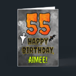 55th Birthday: Eerie Halloween Theme   Custom Name Card<br><div class="desc">The front of this spooky and scary Halloween themed birthday greeting card design features a large number “55” and the message “HAPPY BIRTHDAY, ”, plus a customisable name. There are also depictions of a bat and a ghost on the front. The inside features an editable birthday greeting message, or could...</div>